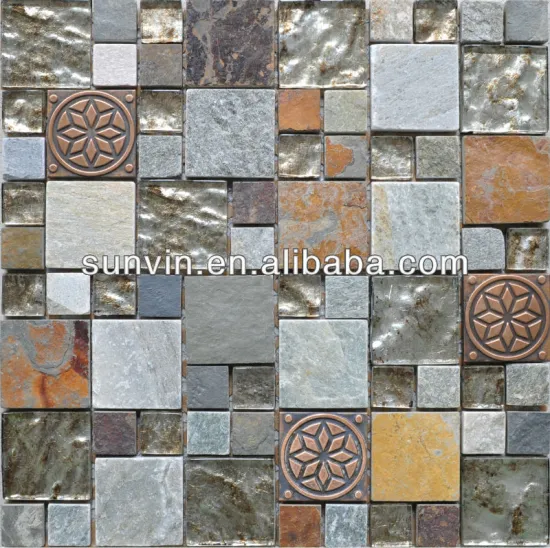Rustic slate stone mix glass mosaic wall tile wholesale