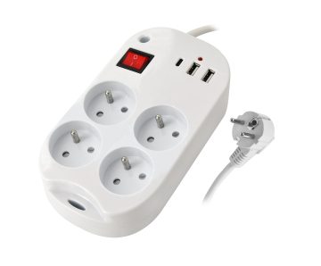 French Standard 230V Socket with Child Safety, Switched Schuko 16A Plug and 3 USB Charging Ports, LED Status Indicator