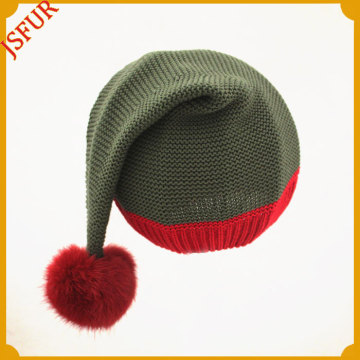 Hot sale Christmas cotton knitted baby hat with real rabbit fur pom poms Christmas gift