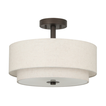 Modern 3 Light Drum Shade Semi Flush Mount Ceiling Light with 2 Tier Fabric Shade