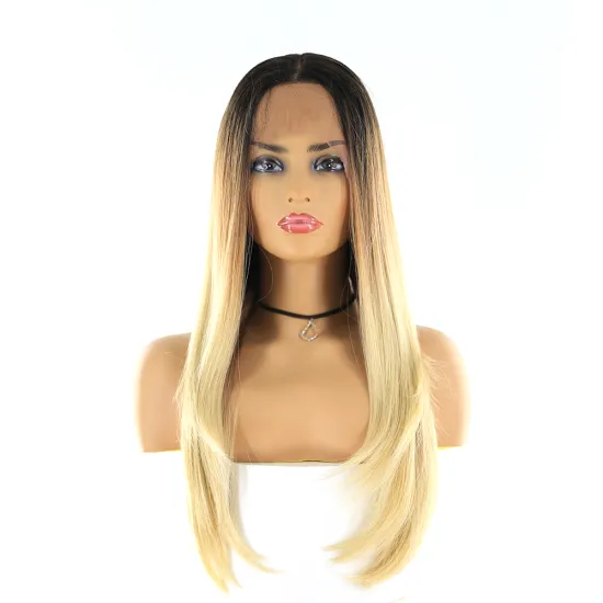 new long straight free middle part ombre brown color lace frontal wig heat resistant fiber synthetic hair wigs with baby hair