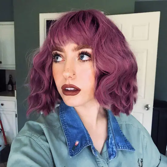 Vigorous Fashion Girl Synthetic Short Wavy Wigs Natural Short Bob Purple Wig With Neat Bangs  Heat Resistant Wholesale Price