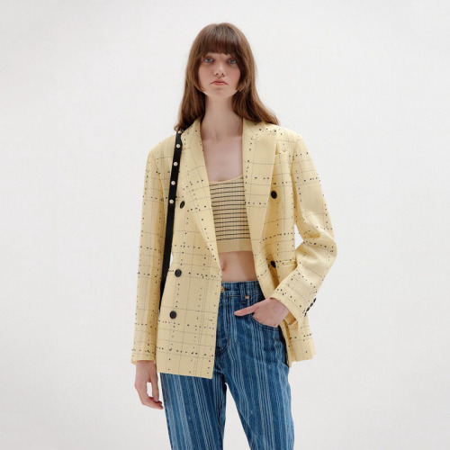 Trendy roupas escritório amarelo xadrez blazer para mulheres