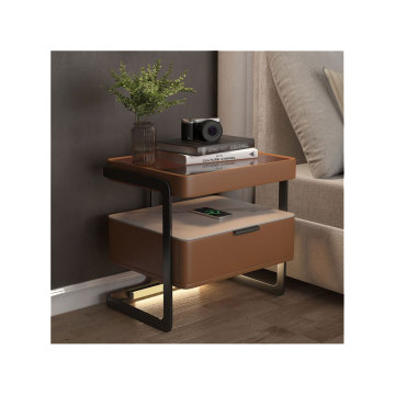 Solid Wood Smart Bedside Table with Wireless Charging, Light, Tempered Glass Shelf