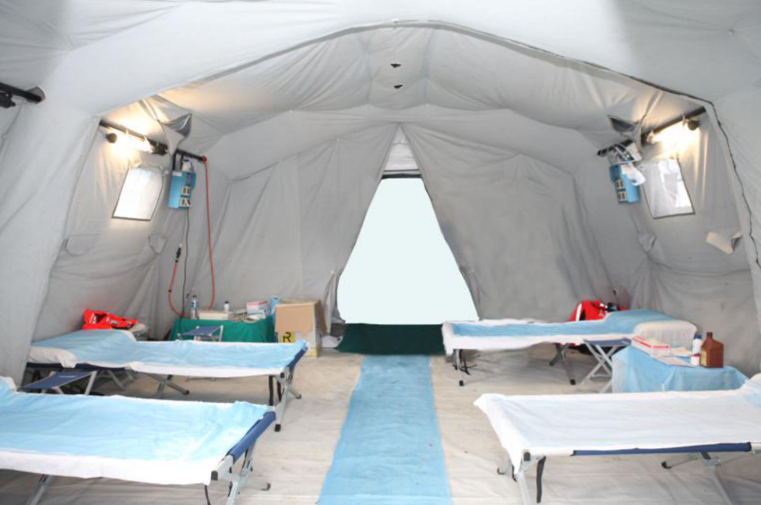 Medical examination area inside an inflatable tent