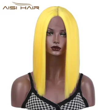 Aisi Hair Medium Long Yellow Wig Cosplay Front Lace Wig Middle Part Straight Silky Synthetic Lace Frontal Hair Wigs For Women