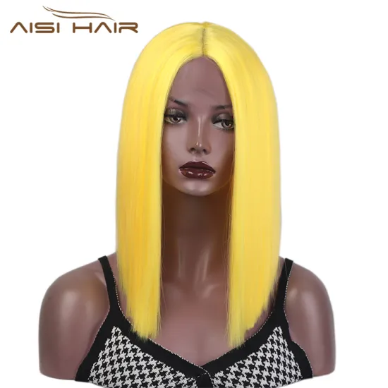 Aisi Hair Medium Long Yellow Wig Cosplay Front Lace Wig Middle Part Straight Silky Synthetic Lace Frontal Hair Wigs For Women