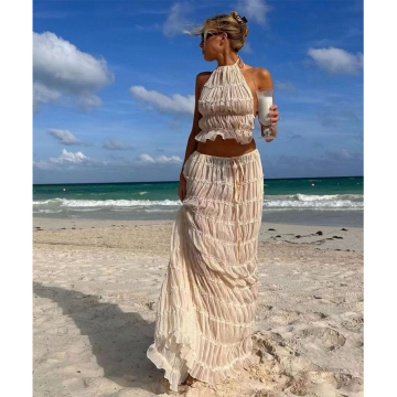 2024 Women's Elegant Halter Pleated Lace-Up Backless Short Suit Set with Loose Long Skirt