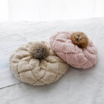 2025 Winter Custom Rabbit Fur Pom Beret Hats for Women