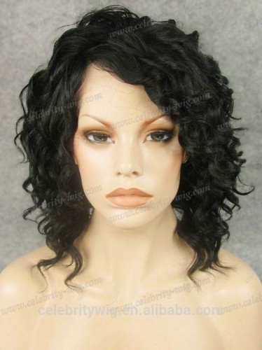 Medium length curly black lace front wig synthetic natural scalp wig