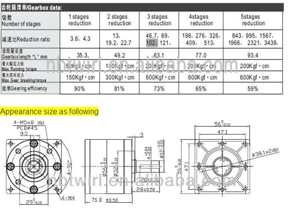 56mm 1/168 Reduction Ratio 150W Square Flange Planetary Gear Box (PG56-168K)