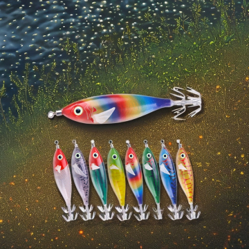 Newmajor 8cm Luminous Wooden Shrimp Bait Bait พร้อมตะขอปลาหมึกและวัสดุเหล็กสำหรับการตกปลาในมหาสมุทร