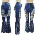 Womens Ripped Fringe Mop Tassel Bell Bottom Jeans