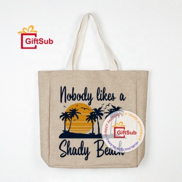 Custom Printed Logo Sublimation Jute & Polyester Linen Shopping Tote Bag - Large Size with Shoulder Strap