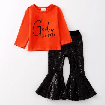 RTS Kids: Fall Winter Outfit for Toddler and Baby Girls - 'God is GOOD' Print Top and Sequin Bell Bottom Pants Set