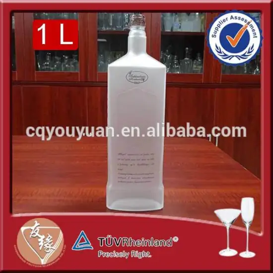 White frosted rectangle flat vodka embossed custom logo 100cl glass bottles
