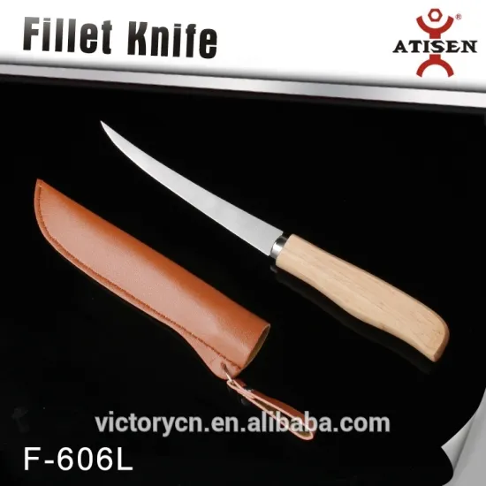 wooden handle 6" stainless steel fishing knife,with pu sheath F-606L