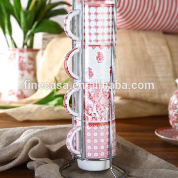 8OZ Elegant Style Fine White Porcelain Coffee Mug Set with Metal Rack of Oriental Manor