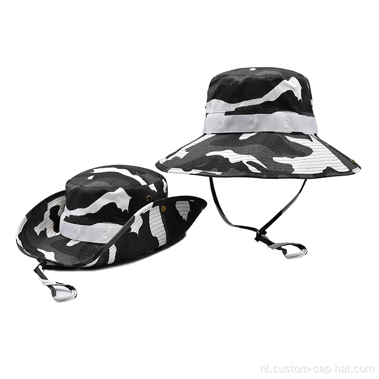 Aangepaste opvouwbare borduurlogo camouflage viskappen
