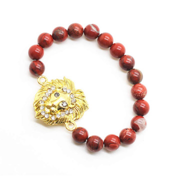 Red Jasper 8MM Round Beads Stretch Gemstone Bracelet with Diamante alloy Lion Head Piece