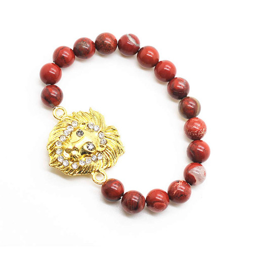 Red Jasper 8MM Round Beads Stretch Gemstone Bracelet with Diamante alloy Lion Head Piece