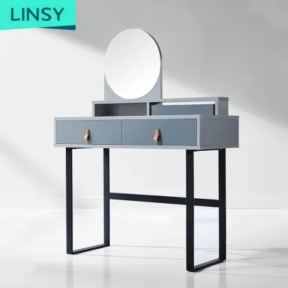 Linsy Modern Adult Nordic Solid Wood Makeup Desk with Blue Mirror