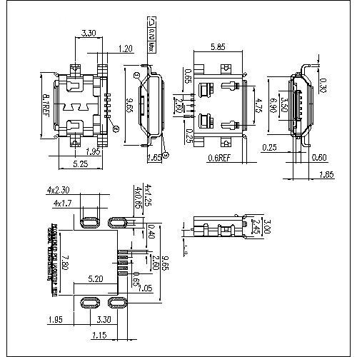MUFM25 25-MICRO USB FEMALE 5PIN CONNECTOR,OFFSET TYPE,WITH 4 SHELL DIP,SINK 0.8MM MUFM25 25-MICRO USB FEMALE 5PIN CONNECTOR,OFFSET TYPE,WITH 4 SHELL DIP,SINK 0.8MM