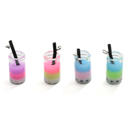 Colorful Pearl Milk Tea Glass Bottle Resin Cabochon Drink Cup Keychain Making Diy Pendants Jewelry Ornament