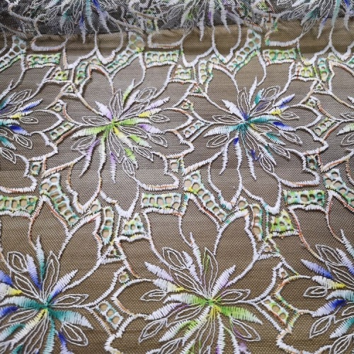 Polyester Multicolor Knit Fabric Polyester Multicolor Flat Embroidered Tulle Lace Fabrics Manufactory
