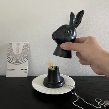 Black Ceramic Rabbit Ornament - Spring Easter Toothpick Box Holder for Home and Office