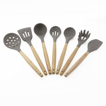 7pcs conjunto de utensílio de cozinha punho de madeira de silicone