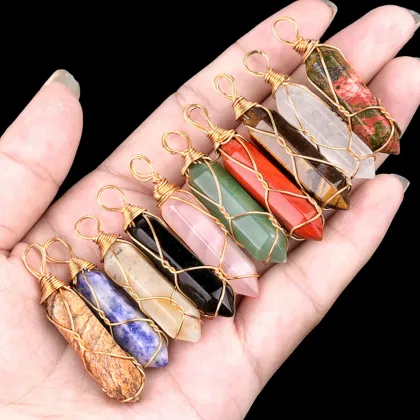 Green Aventurine Hexagonal Pointed( 8x32mm) Pendant Wrapped Gold Wire Necklace 45cm Black Cord