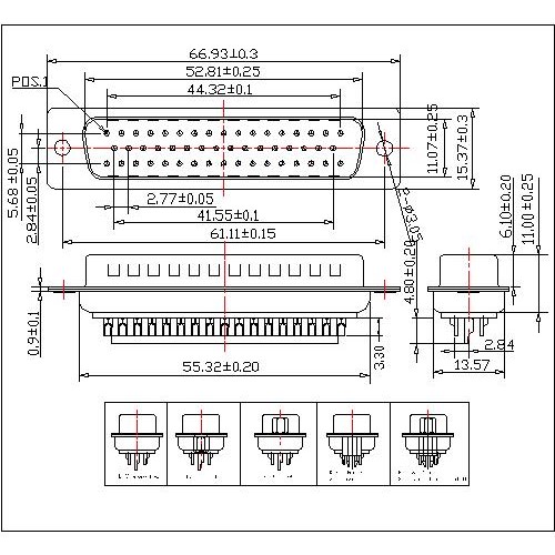 DB02-M50XXXX D-SUB Male Three Row 50 Pin(Pitch=2.77mm)Solder Type(stamped Pin)