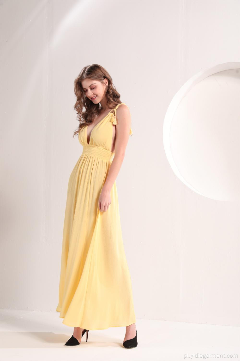 Żółta sukienka damska z głębokim dekoltem w szpic