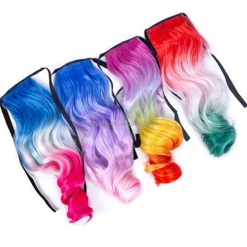 AliLeader Hot Selling Factory Price Kids Long Body Wave Tie Up Ponytails Clip In Synthetic Hair Drawstring Curly Ponytail