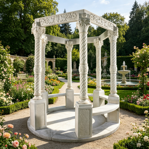 White Marble Gazebo Integrated Benches Classic Fluted Column