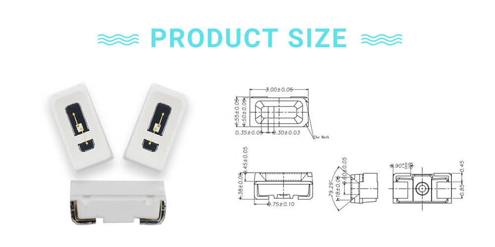 Size of 3015PGC50D7L12 Turquoise 500nm LED Emitters 3014 Side Emitting LED