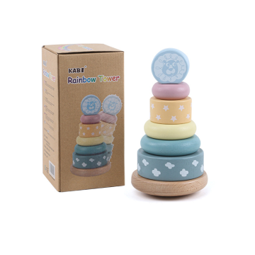Rainbow Tower Stacking Ring Game με ξύλινη γελοιογραφία macaron tumblers