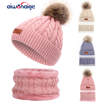 2019 Beanies Hat For Girl Warm Ring Scarf Pompoms Winter Hats Knitted Caps Scarf 2 Pieces Fashion Winter Hat Scarf Sets Cute