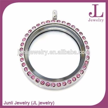 30mm Round Shape Stainless Steel Glass Locket Pink Stone Floating Locket