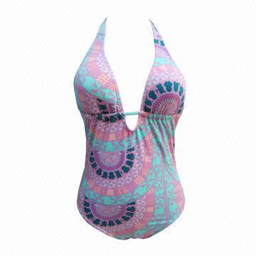 Ladies' Swimsuit, Removable Cup/Tunnel Tie Under Bra/Halter Tie at Neck/Floral Fabric/Full Line