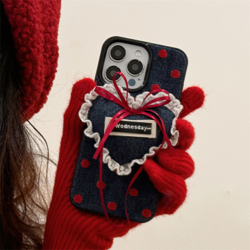 Denim Polka Dot Lace Love Bow Fashion Phone Case for iPhone 16 Pro Max, 15 Pro, 14, 13 - Shockproof
