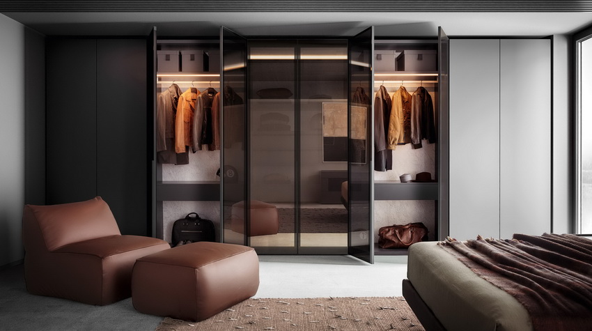 Guarda -roupa elegante equipado com sistemas de portas de vidro deslizantes