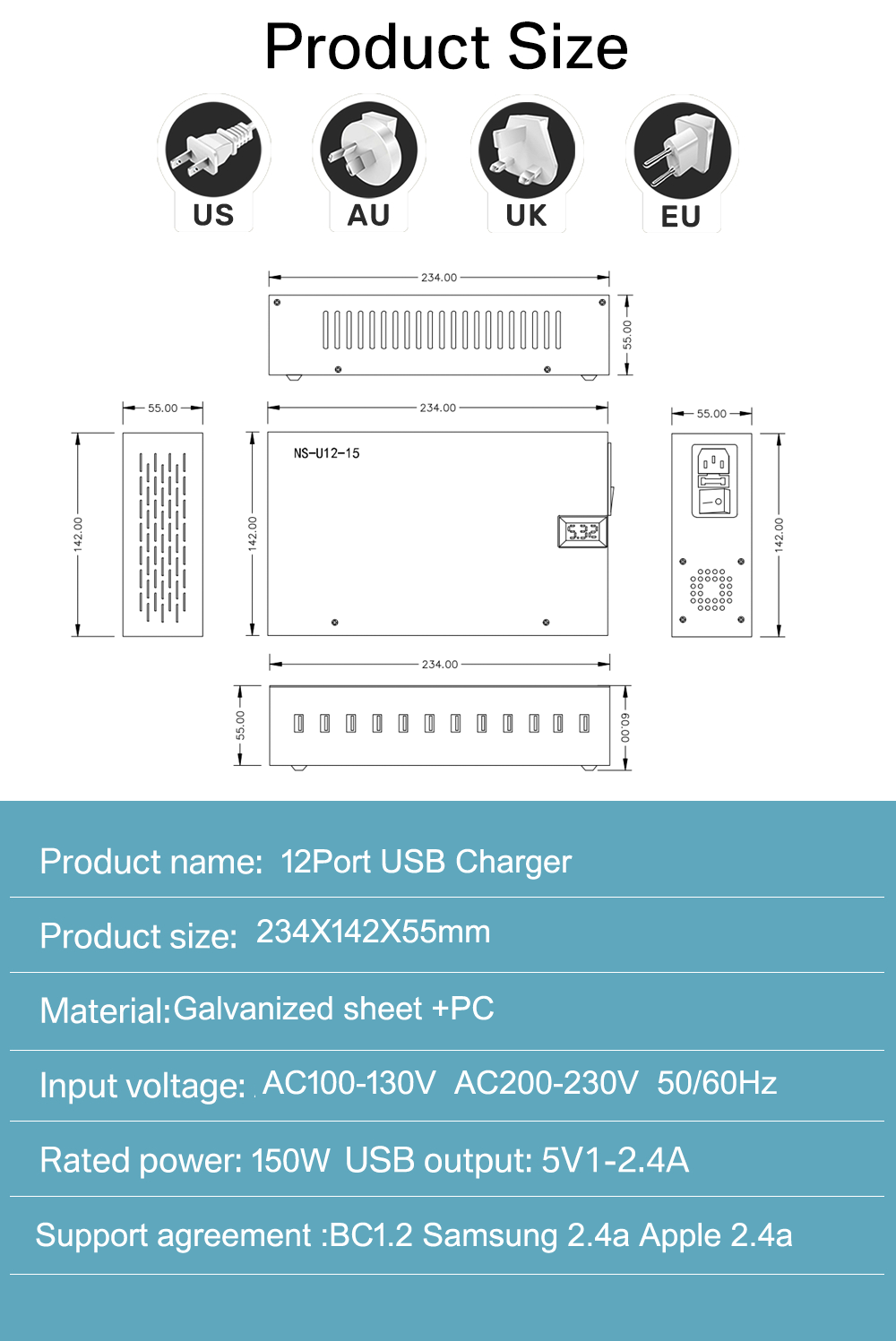 12ポートUSB充電器150W 12Poort usb Charger 150W