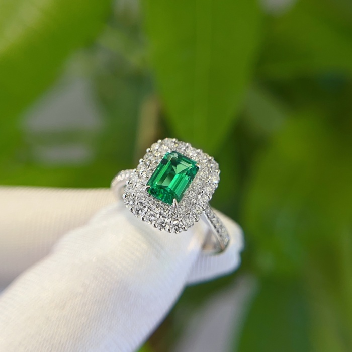 18K Lab 에메랄드 약혼 반지 더블 헤일로 커스텀