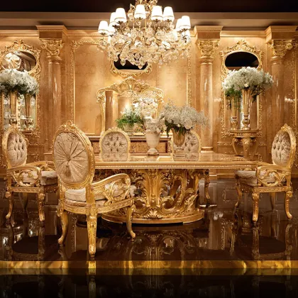 European Luxury Classic Solid Wood Gold Leaf Dining Table