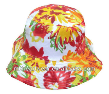 Beautiful llarge brim bucket hat with all over bright color flower printing