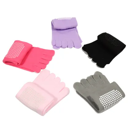 Reallion Non-slip Silicone Bottom Yoga Socks Five Finger Toes Cotton Sport Socks for Yoga Pilate Gym Fitness Exercises 6 Colors