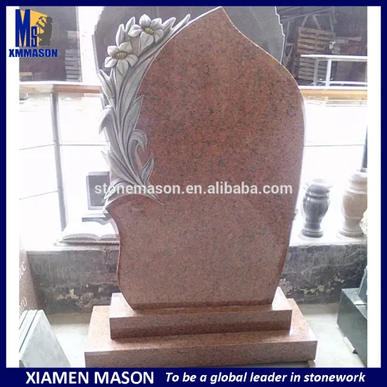 Classic hand carved lily headstones with red granite for cemetery monuments