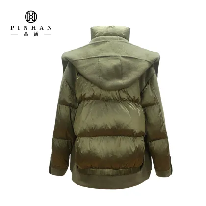 Luxury Designed Lady Woolen Stitched Puffer Jacket with Big Hood and Turn-down Collar